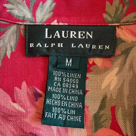 LRL Linen Floral Button Down Camp Shirt Women’s Medium Cottagecore Red Green - Picture 3 of 16